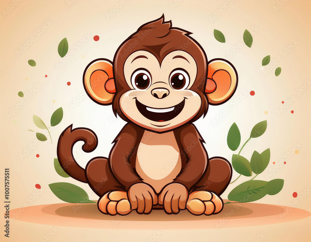 Fototapeta premium Cute monkey sitting with flying green leaves in the background. Vector cartoon character.