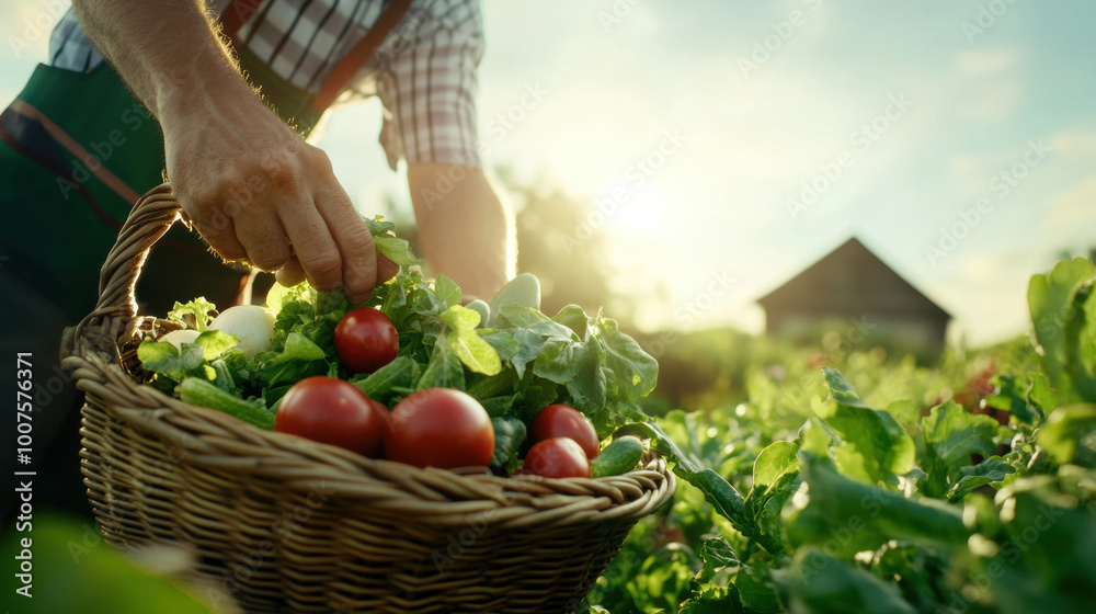 Fototapeta premium Harvesting fresh produce in organic farm, farmer gathers ripe tomatoes and leafy greens in woven basket under warm sunlight. scene captures essence of sustainable agriculture and joy of farming