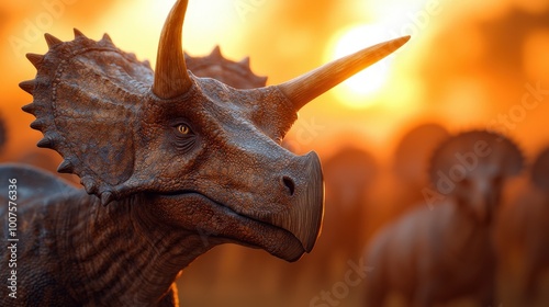 Triceratops Dinosaur Close Up with Sunset Background   Prehistoric Wildlife