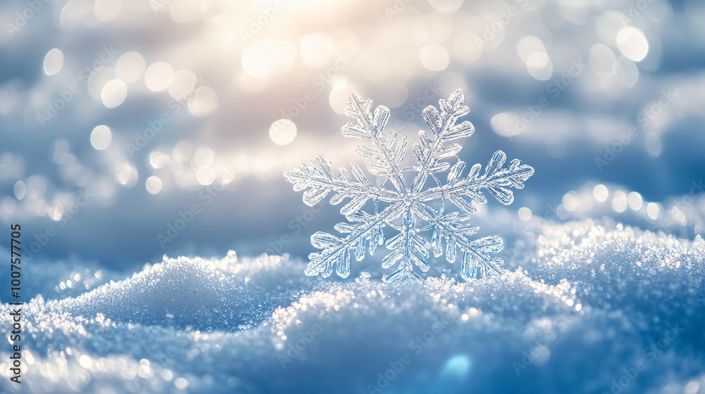 A Single Snowflake Resting in the Snow with a Blurry Background A Single Snowflake Resting in the Snow with a Blurry Background