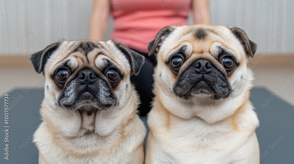 Adorable Pug Dogs Looking at Camera with Senior Woman Exercising in Background Adorable Pug Dogs Looking at Camera with Senior Woman Exercising in Background