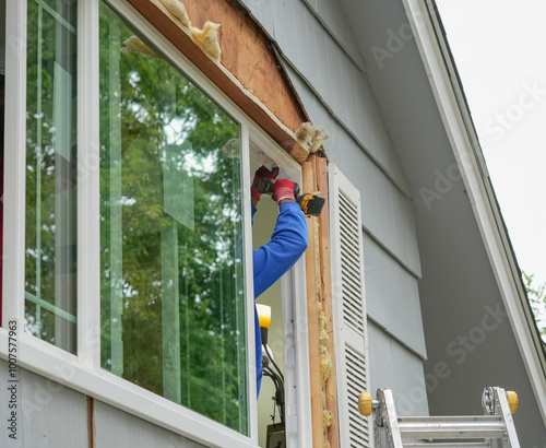 contractor working on replacing the window of the house