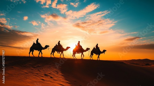 Silhouetted camel caravan at sunset in sahara and thar deserts  a journey of adventure and travel photo