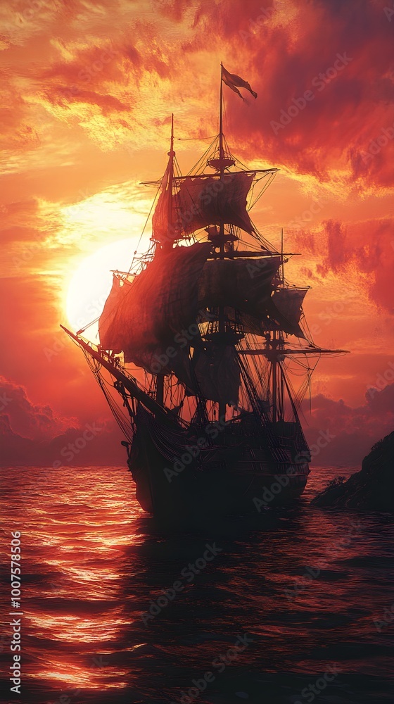 Obraz premium Majestic Ship Gliding Over Calm Ocean During Breathtaking Sunset picture