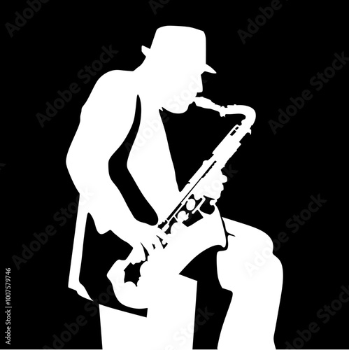 Silhouette of Saxophone Player. The unique combination of the black background and white silhouette vector. This modern and artistic design blends music and visual creativity. 