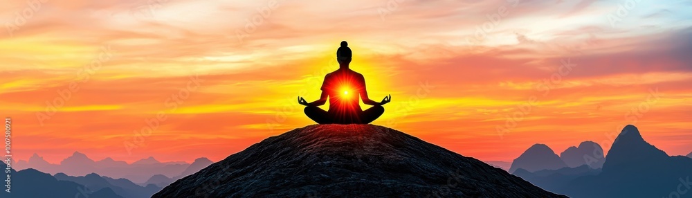 Elevate Your Spirit: Person Meditating on Mountain Peak with Glowing Inner Light, Mental Growth Concept Elevate Your Spirit: Person Meditating on Mountain Peak with Glowing Inner Light, Mental Growth Concept