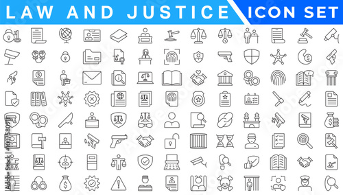 law & justice icons. editable thin line icons such as passion, fired, oath, accredited, diversify, judge chair, alerts, manufacture stock vector.