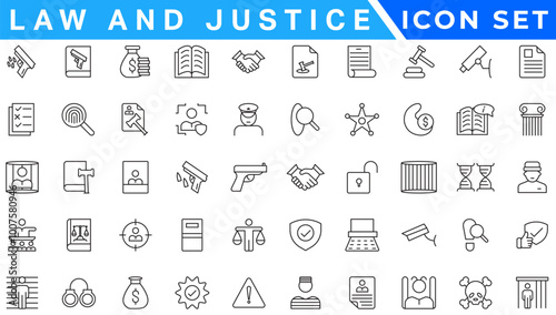 law & justice icons. editable thin line icons such as passion, fired, oath, accredited, diversify, judge chair, alerts, manufacture stock vector.