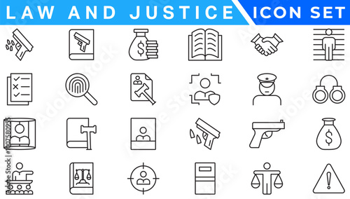 law & justice icons. editable thin line icons such as passion, fired, oath, accredited, diversify, judge chair, alerts, manufacture stock vector.