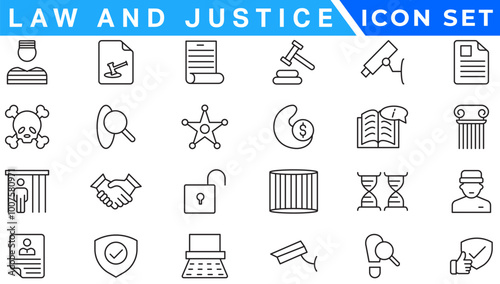 law & justice icons. editable thin line icons such as passion, fired, oath, accredited, diversify, judge chair, alerts, manufacture stock vector.