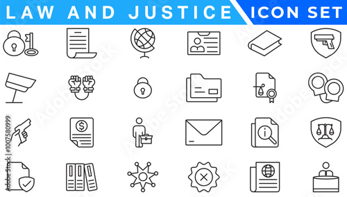 law & justice icons. editable thin line icons such as passion, fired, oath, accredited, diversify, judge chair, alerts, manufacture stock vector.