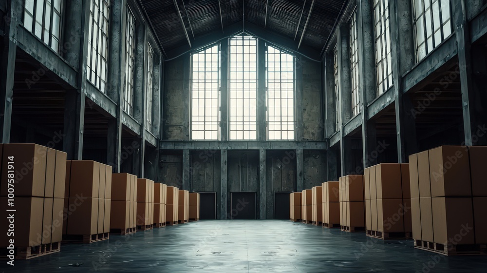 Fototapeta premium Abandoned Industrial Warehouse Interior with Cardboard Boxes and Natural Light
