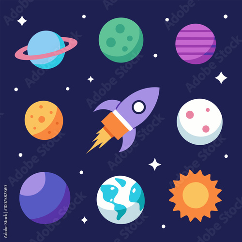 A vibrant illustration featuring a rocket ship soaring through space, surrounded by planets, moons, and stars. It's perfect for adding a touch of cosmic wonder to your designs.