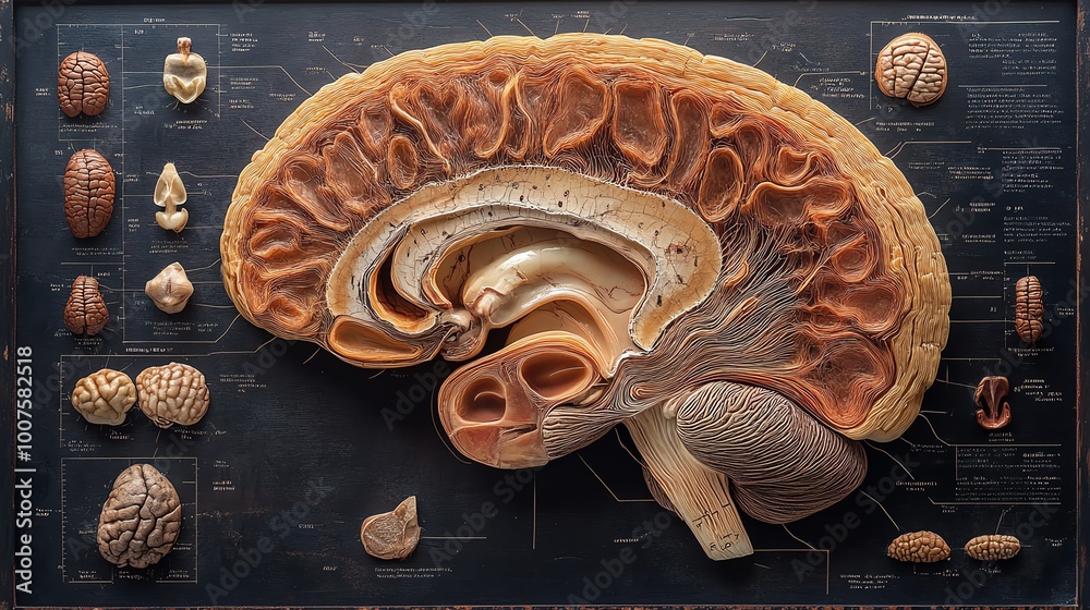 Detailed crosssection of a mammals brain with labeled regions animal