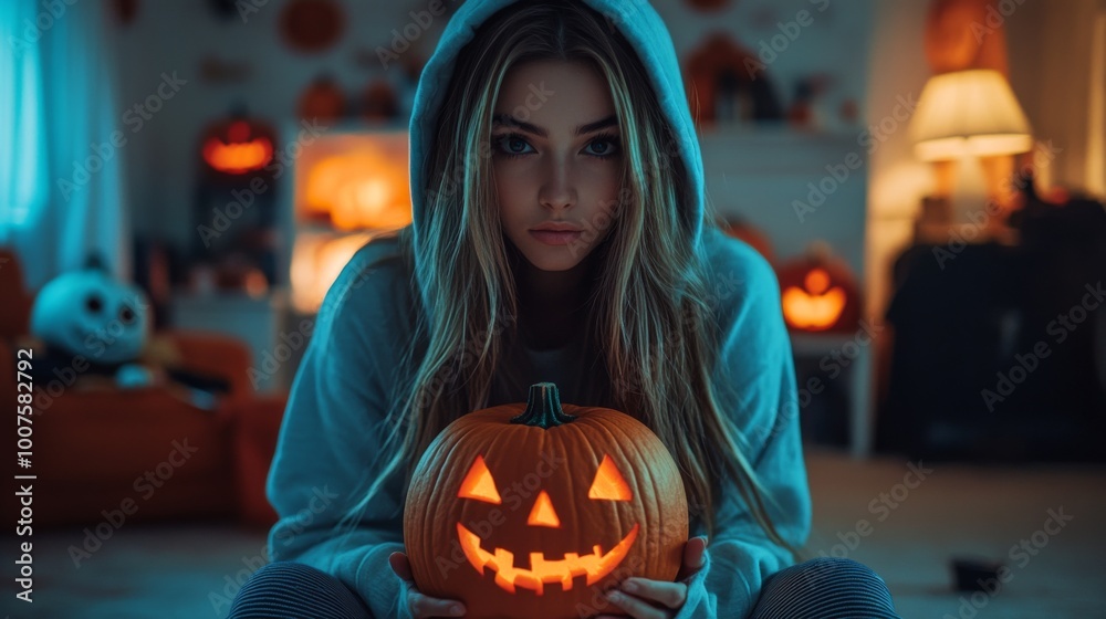 Halloween Night with Hooded Girl Holding Glowing Jack-O-Lantern Halloween Night with Hooded Girl Holding Glowing Jack-O-Lantern
