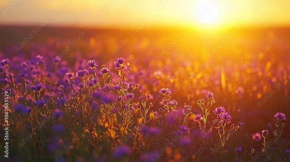 Golden Sunrise Over Vibrant Purple Flower Field Golden Sunrise Over Vibrant Purple Flower Field