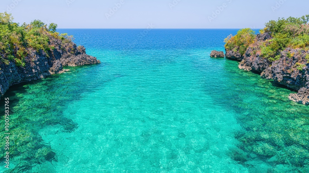 Fototapeta premium Crystal Clear Turquoise Water Between Rocky Cliffs on Tropical Island