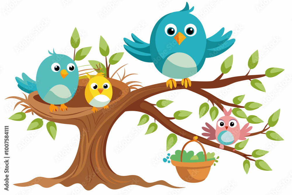 cute birds building their first nest on a branch of a large tree on a white background cute birds building their first nest on a branch of a large tree on a white background