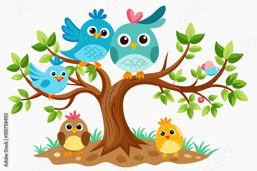  cute birds building their first nest on a branch of a large tree on a white background