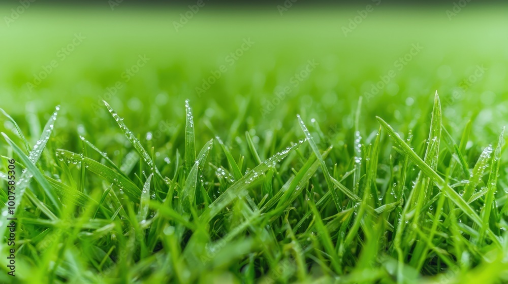 Fototapeta premium Dew Drops on Green Grass Blades Nature Macro Photography