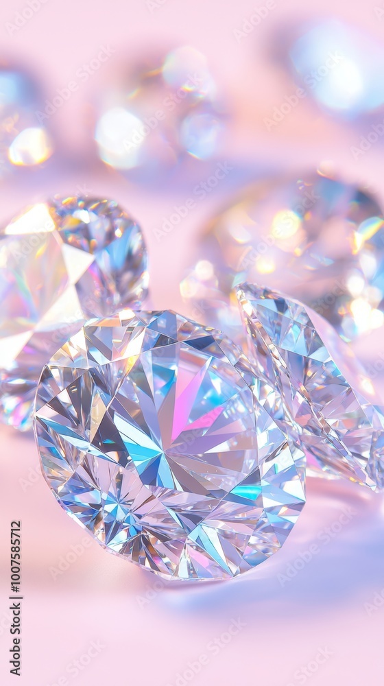 Close-up of sparkling diamonds with rainbow reflections on a soft pastel pink background, creating a luxurious and dazzling visual effect. Close-up of sparkling diamonds with rainbow reflections on a soft pastel pink background, creating a luxurious and dazzling visual effect.