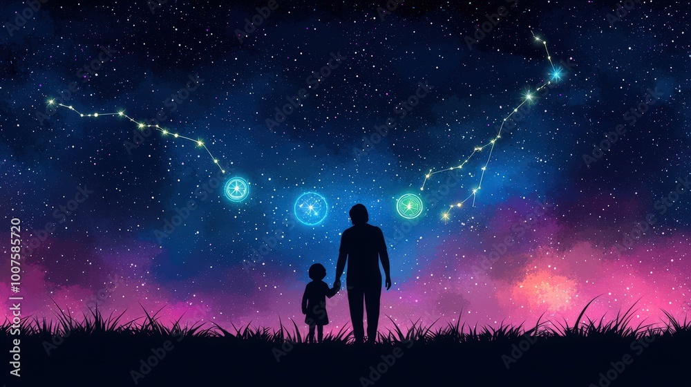 Night Sky with Holographic Constellations and Silhouette of a Parent and Child Night Sky with Holographic Constellations and Silhouette of a Parent and Child