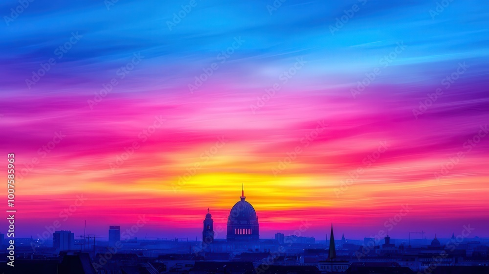 Fototapeta premium Vibrant Sunset over City Skyline with Dome Building
