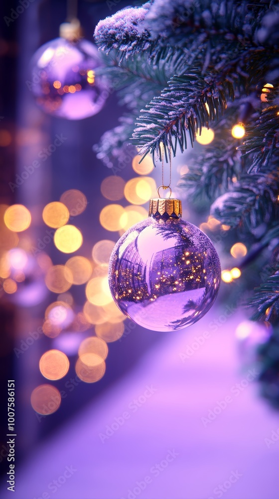 Fototapeta premium Festive Christmas tree glass ornament on purple background