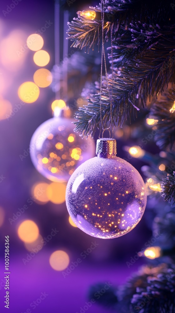 Festive Christmas tree glass ornament on purple background Festive Christmas tree glass ornament on purple background