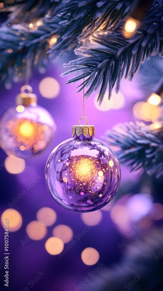 Festive Christmas tree glass ornament on purple background