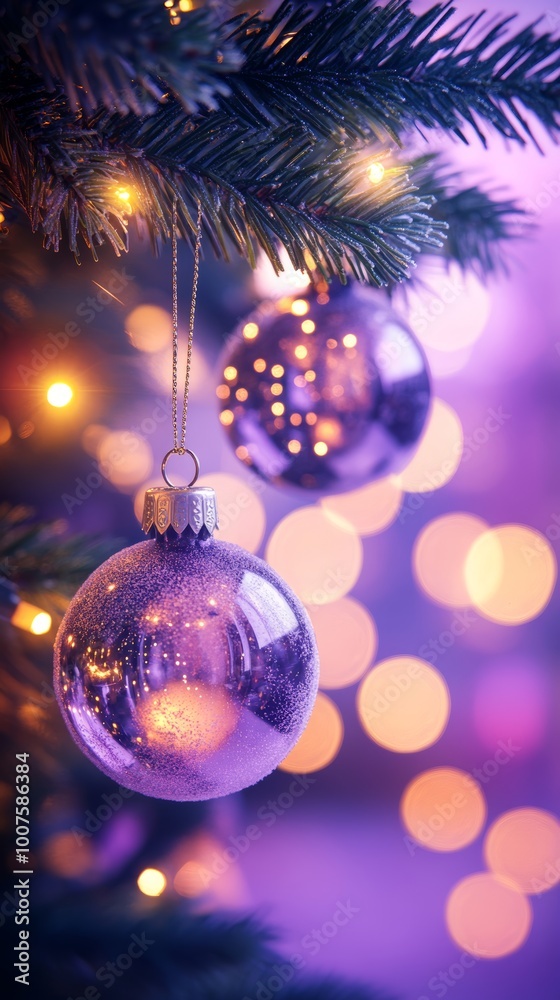 Festive Christmas tree glass ornament on purple background Festive Christmas tree glass ornament on purple background