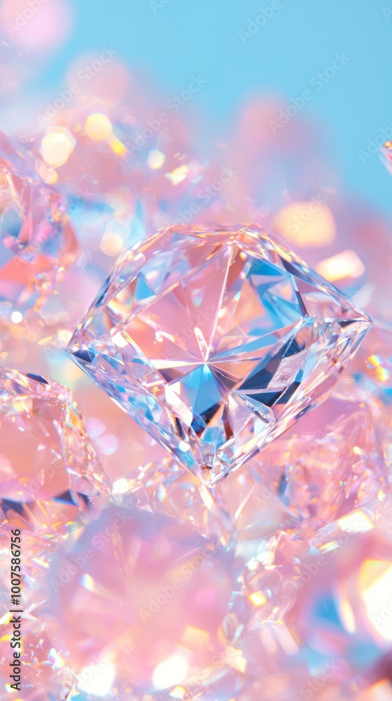 Close-up of sparkling diamonds with rainbow reflections on a soft pastel pink background, creating a luxurious and dazzling visual effect. Close-up of sparkling diamonds with rainbow reflections on a soft pastel pink background, creating a luxurious and dazzling visual effect.