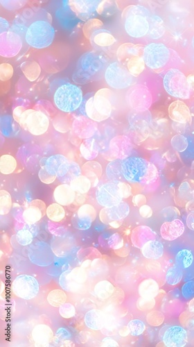 Abstract glittering surface with multicolored bokeh lights in soft pink and blue tones, creating a dreamy and shimmering texture