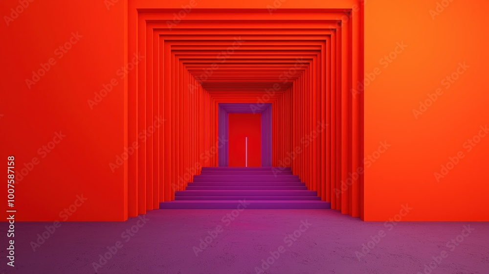 Abstract Red and Purple Stairway Leading to a Bright Light in a Minimalist Interior Abstract Red and Purple Stairway Leading to a Bright Light in a Minimalist Interior