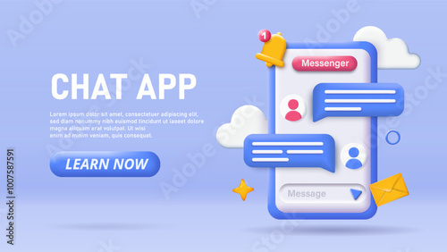 3D chat app poster. Chatting and online communication in social networks and messengers. Reminder with speech bubbles at mobile phone. Landing webpage design. Isometric vector illustration