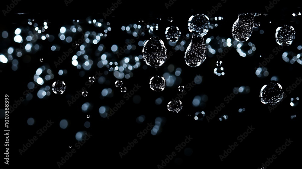  Water drops on a black background. Glass texture with droplets. Surface wet with dew. Abstract wallpaper in bubbles. 