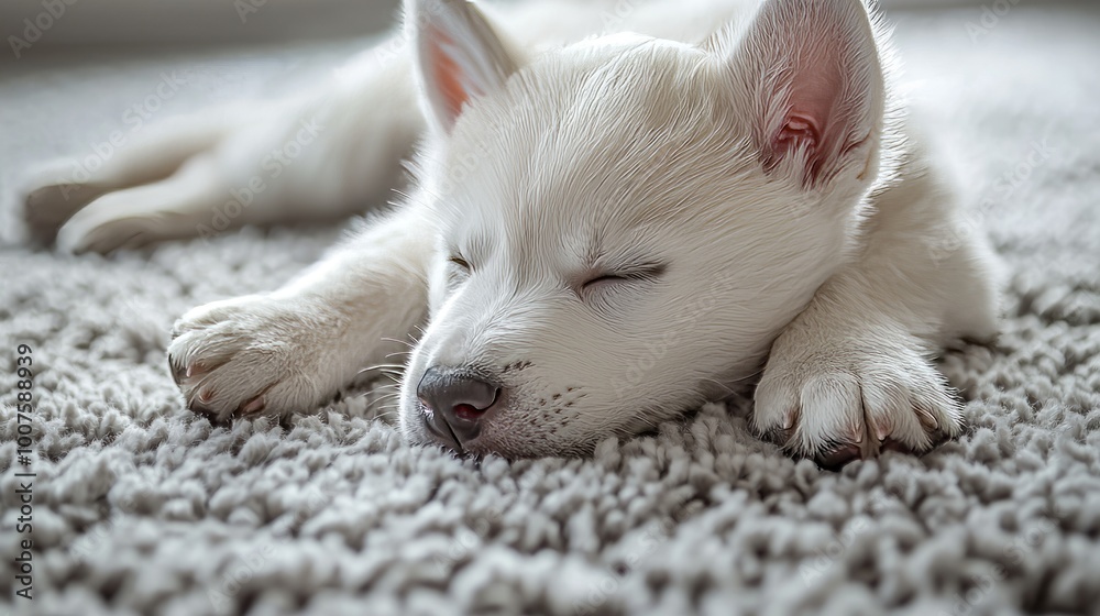 White puppy sleeping peacefully on a soft carpet in a cozy home environment White puppy sleeping peacefully on a soft carpet in a cozy home environment