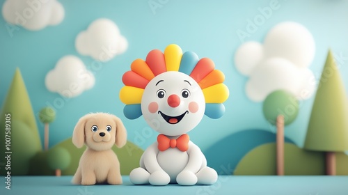 A cheerful clown character with colorful hair sits beside an adorable puppy, set against a playful background of clouds and trees.