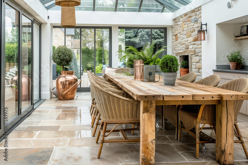  Stylish composition of oak wooden table, copper watering can, and modern floor in beautiful orangery with lush greenery and natural decor