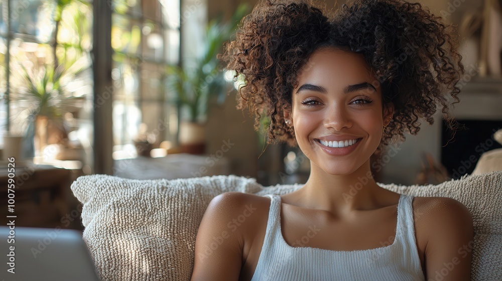 Smiling Woman in Cozy Living Space with Laptop Smiling Woman in Cozy Living Space with Laptop