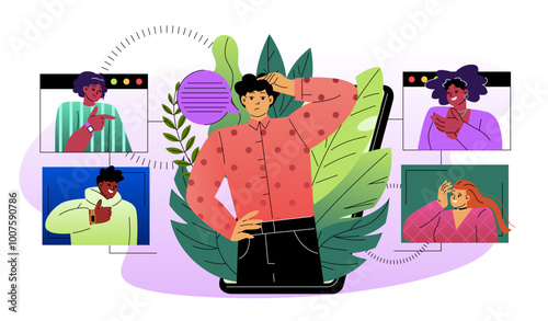 People with anxiety. Men and women with negative feelings and emotions. Social media bullying. Loneliness and frustration, depression. Flat vector illustration