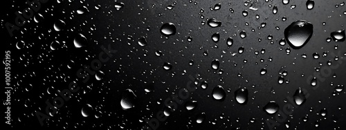  Water drops on a black background. Glass texture with droplets. Surface wet with dew. Abstract wallpaper in bubbles. 