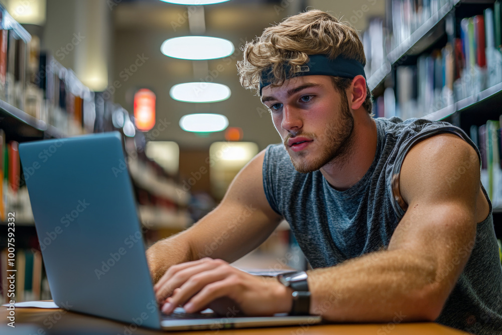 Obraz premium A student working on a research paper, typing on a laptop, surrounded by academic journals and books, university library setting