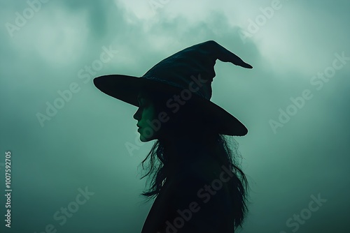 Silhouette of mystic wicked witch in black hat and dress on dark background. Halloween holiday. Witches sabbath on Walpurgis night. Black magic and paganism concept photo