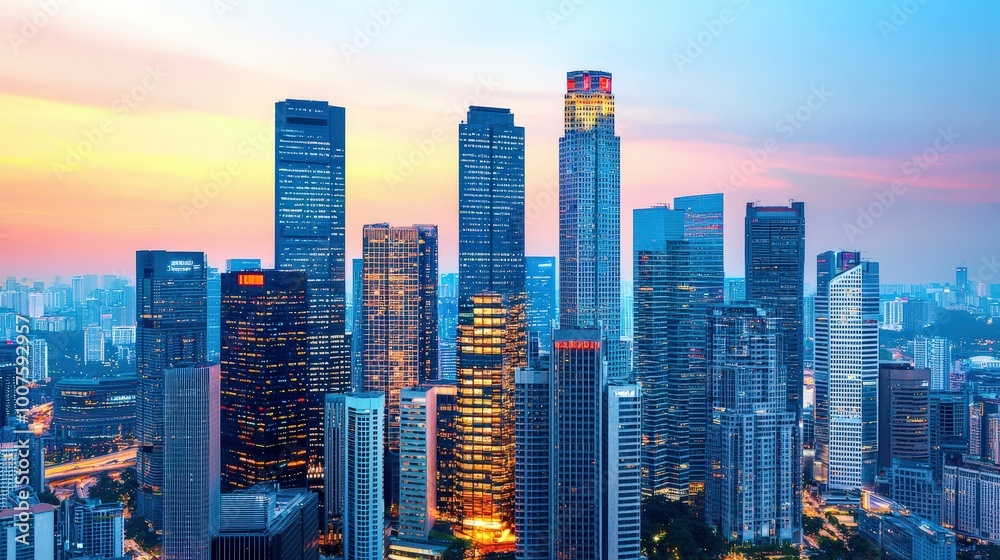Obraz premium Singapore Skyline Cityscape Sunset Skyscrapers Urban Architecture