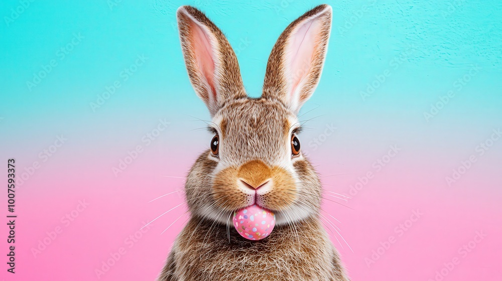 Fototapeta premium Cute Easter Bunny Holding Decorated Egg on Pink and Blue Background