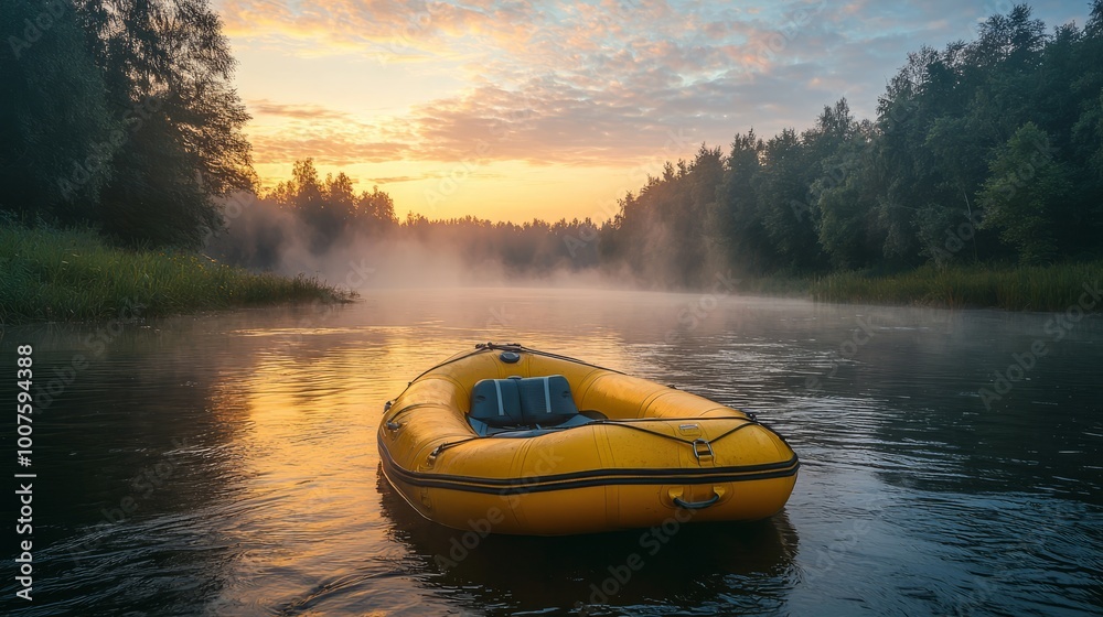 Yellow inflatable raft floating on a calm lake at sunset Yellow inflatable raft floating on a calm lake at sunset