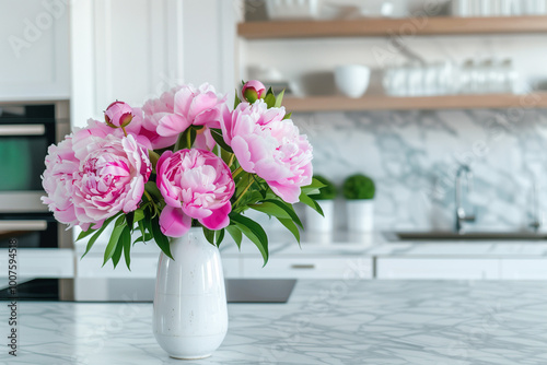 Beautiful Peonies in Vase on Granite Countertop Island in Stylish White Minimal Kitchen with Wooden Shelves in New House