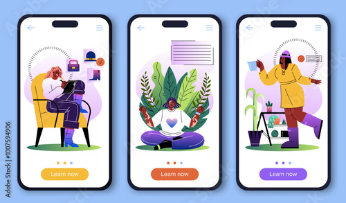 Bloggers on phone screen set. Video blog at smartphone screen. Gardening and horticulture. Active lifestyle and sports. Hobby and leisure. Flat vector collection