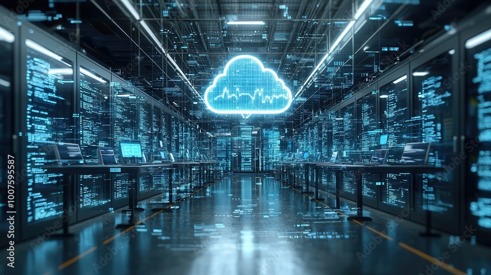 Futuristic Data Center with Cloud Computing Visualization Futuristic Data Center with Cloud Computing Visualization
